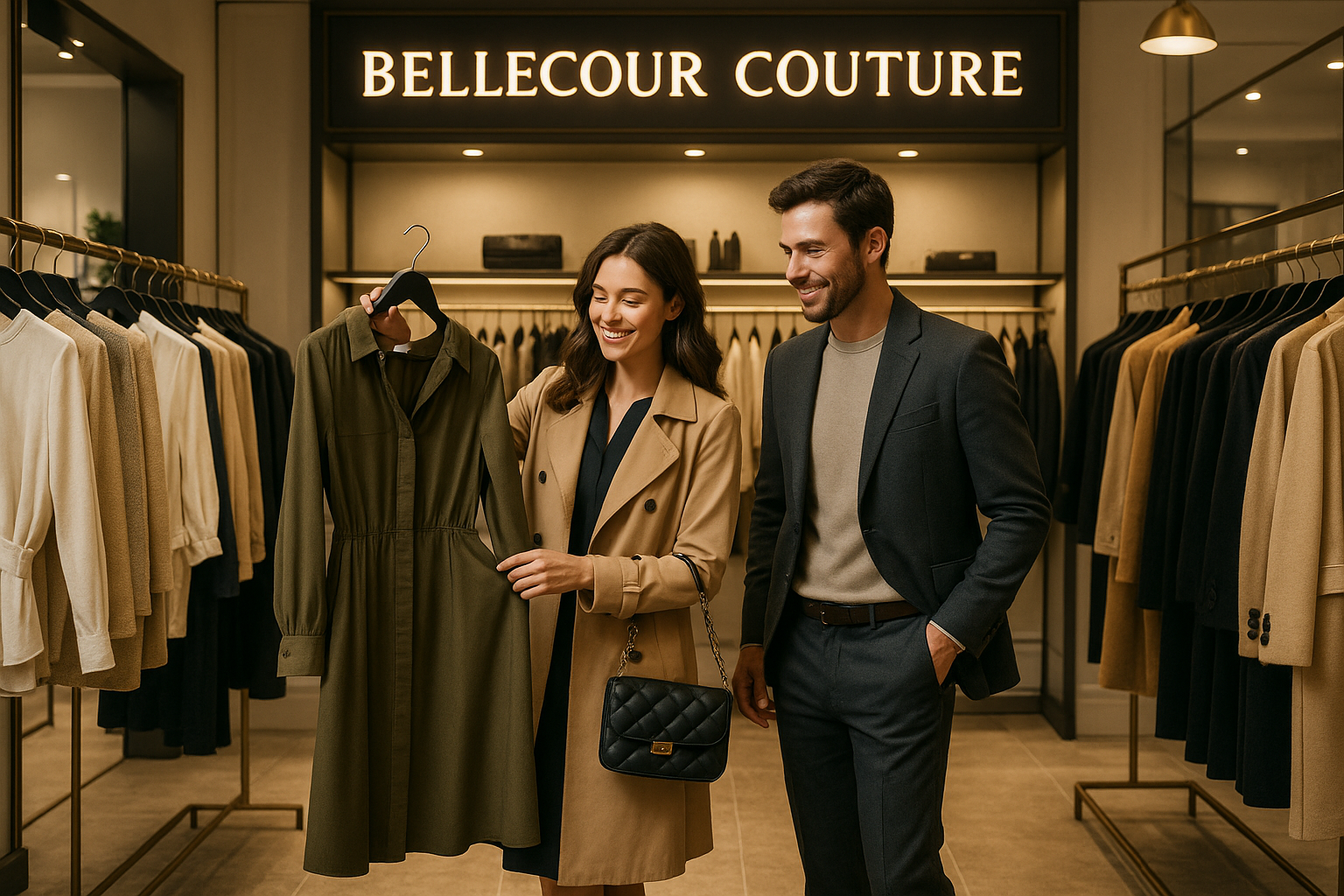 Bellecour Couture is my shop in Czech of Clothings. Generate A photo of a Couple choosing Products inside the store. There should be Lightiing of my store name